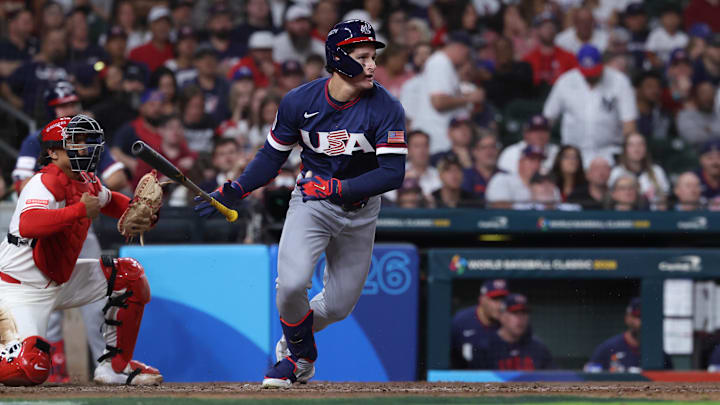 Mar 13, 2026; Houston, TX, United States; United States left fielder Roman Anthony (3) hits a single during the sixth inning against Canada during a quarterfinal game of the 2026 World Baseball Classic at Daikin Park. Mandatory Credit: Troy Taormina-Imagn Images