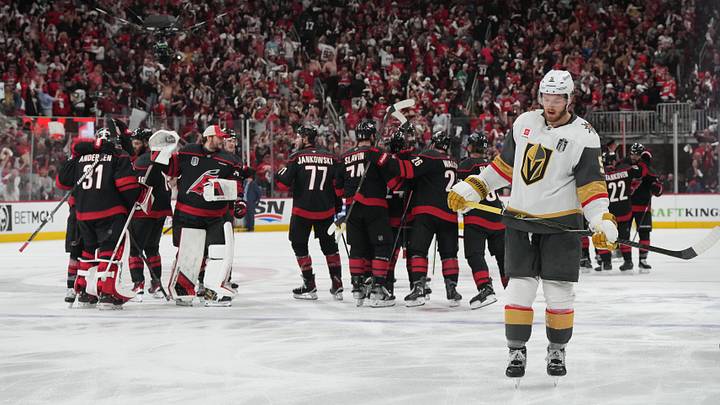 Jun 4, 2026; Raleigh, North Carolina, USA; Carolina Hurricanes celebrate right wing Seth Jarvis (24) goal in overtime against the Vegas Golden Knights in game two of the 2026 Stanley Cup Final at Lenovo Center. Mandatory Credit: James Guillory-Imagn Images