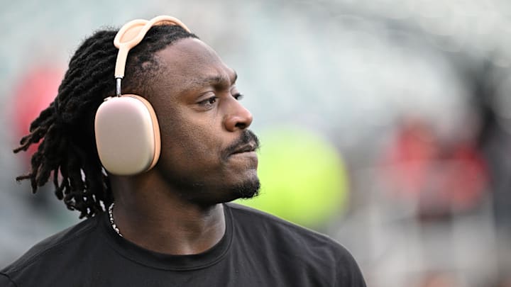 Jan 11, 2026; Philadelphia, PA, USA; Philadelphia Eagles wide receiver A.J. Brown (11) during warmups against the San Francisco 49ers in an NFC Wild Card Round game at Lincoln Financial Field. Mandatory Credit: Eric Hartline-Imagn Images