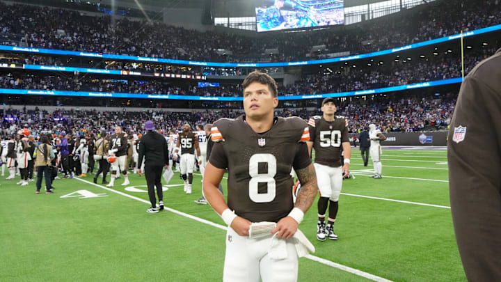 Oct 5, 2025; Tottenham, United Kingdom; Cleveland Browns quarterback Dillon Gabriel (8) walks off the field after their loss against the Minnesota Vikings in an NFL International Series game at Tottenham Hotspur Stadium. Mandatory Credit: Kirby Lee-Imagn Images