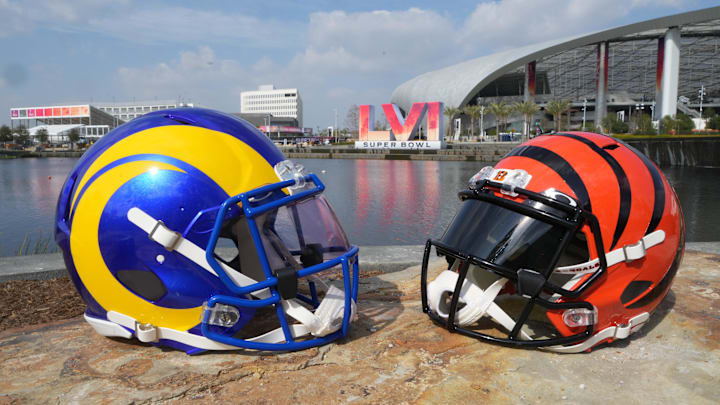 The helmets of the Los Angeles Rams and the Cincinnati Bengals.