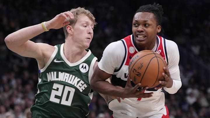 Washington Wizards guard Bub Carrington drives to the basket