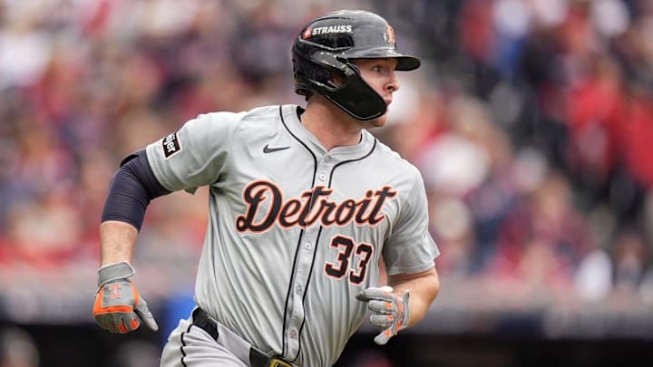 Tigers' Colt Keith runs after batting a double against Guardians in the 7th inning at Game 5 of ALDS at Progressive Field in Cleveland, Ohio on Saturday, Oct. 12, 2024. Tigers' Colt Keith runs after batting a double against Guardians in the 7th inning at Game 5 of ALDS at Progressive Field in Cleveland, Ohio on Saturday, Oct. 12, 2024.