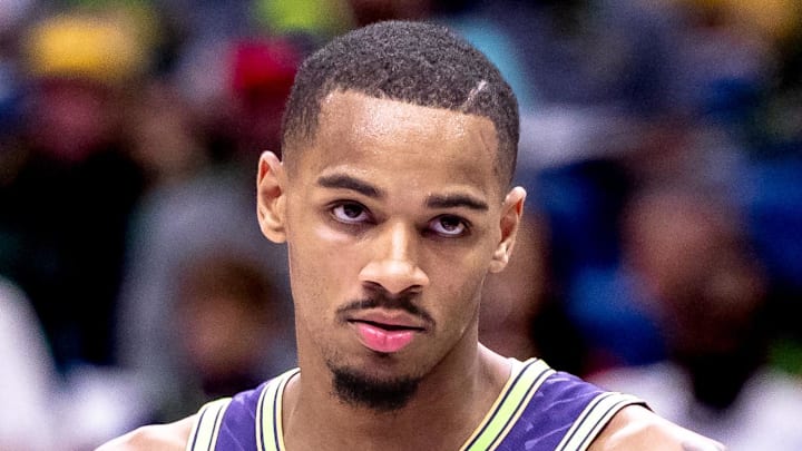 Nov 27, 2024; New Orleans, Louisiana, USA;  New Orleans Pelicans guard Dejounte Murray (5) looks on against the Toronto Raptors during the first half at Smoothie King Center. Mandatory Credit: Stephen Lew-Imagn Images