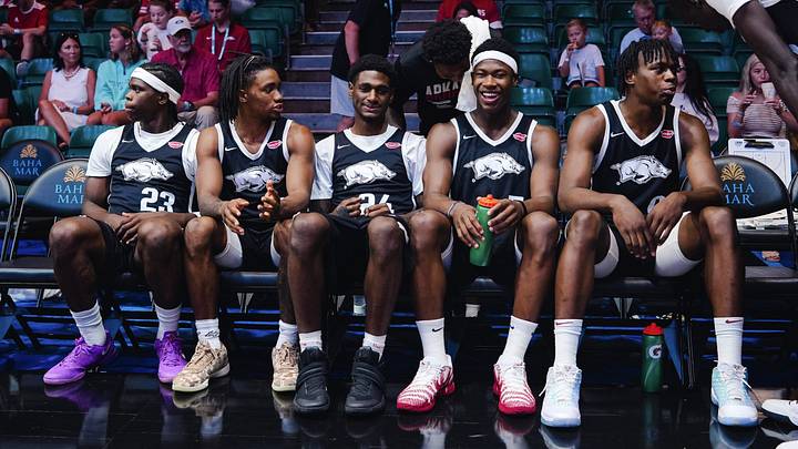 The Arkansas bench looks on against Calgary on Aug. 4, 2026. The Arkansas bench looks on against Calgary on Aug. 4, 2026.
