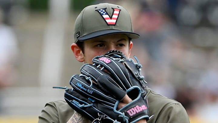 Vanderbilt pitcher Connor Fennell (39) throw to a Georgia batter during the first inning of an NCAA college baseball game at Hawkins Field Saturday, April 19, 2025, in Nashville, Tenn. Vanderbilt pitcher Connor Fennell (39) throw to a Georgia batter during the first inning of an NCAA college baseball game at Hawkins Field Saturday, April 19, 2025, in Nashville, Tenn.