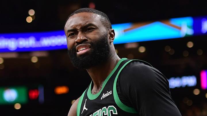 Boston Celtics guard Jaylen Brown (7) reacts toward the official after a play during the second half against the Miami Heat at TD Garden on February 6, 2026.