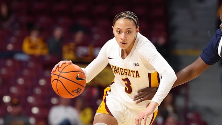 Jan 31, 2024; Minneapolis, Minnesota, USA; Minnesota Golden Gophers guard Amaya Battle (3) works around Penn State Nittany Lions guard Ashley Owusu (0) during the first half at Williams Arena. Mandatory Credit: Matt Krohn-Imagn Images Jan 31, 2024; Minneapolis, Minnesota, USA; Minnesota Golden Gophers guard Amaya Battle (3) works around Penn State Nittany Lions guard Ashley Owusu (0) during the first half at Williams Arena. Mandatory Credit: Matt Krohn-Imagn Images