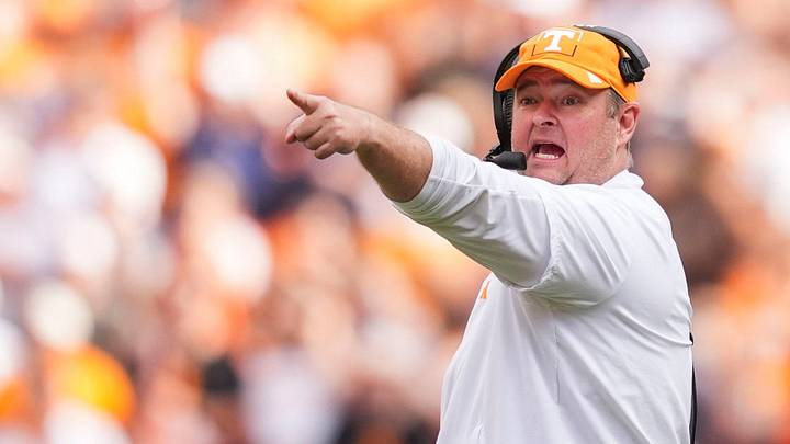 Tennessee coach Josh Heupel yells and points during a college football game between Tennessee and Auburn at Neyland Stadium in Knoxville, Tenn., on Oct. 3, 2026.