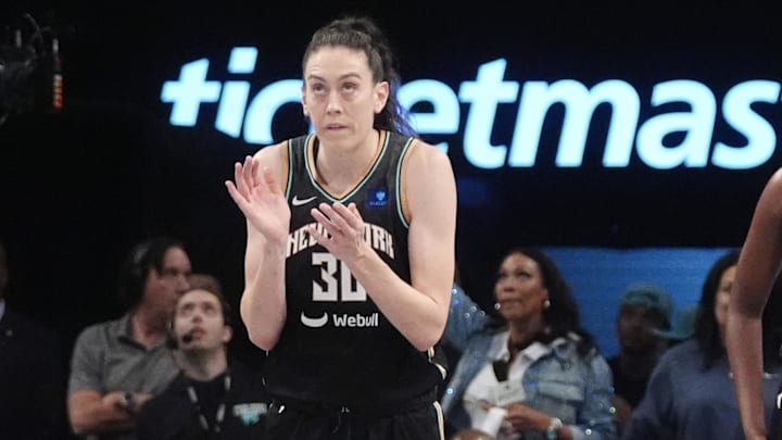 Sep 29, 2024; Brooklyn, New York, USA; New York Liberty forward Breanna Stewart (30) reacts to a play on the court against the Las Vegas Aces during game one of the 2024 WNBA Semi-finals at Barclays Center. Mandatory Credit: Gregory Fisher-Imagn Images Sep 29, 2024; Brooklyn, New York, USA; New York Liberty forward Breanna Stewart (30) reacts to a play on the court against the Las Vegas Aces during game one of the 2024 WNBA Semi-finals at Barclays Center. Mandatory Credit: Gregory Fisher-Imagn Images