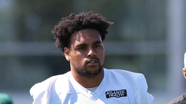 Jul 31, 2021; Florham Park, NJ, USA; New York Jets offensive guard Alijah Vera-Tucker (75) looks on during training camp at Atlantic Health Jets Training Center. Mandatory Credit: Vincent Carchietta-Imagn Images