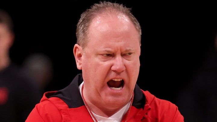 Mar 21, 2024; Brooklyn, NY, USA; Wisconsin Badgers head coach Greg Gard coaches his team during team practice at Barclays Center. Mandatory Credit: Brad Penner-USA TODAY Sports Mar 21, 2024; Brooklyn, NY, USA; Wisconsin Badgers head coach Greg Gard coaches his team during team practice at Barclays Center. Mandatory Credit: Brad Penner-USA TODAY Sports