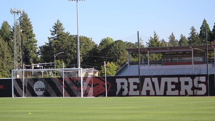 A view of one of the goals at Paul Lorenz Field at Patrick Wayne Valley Stadium, the home of the Oregon State Soccer teams. A view of one of the goals at Paul Lorenz Field at Patrick Wayne Valley Stadium, the home of the Oregon State Soccer teams.