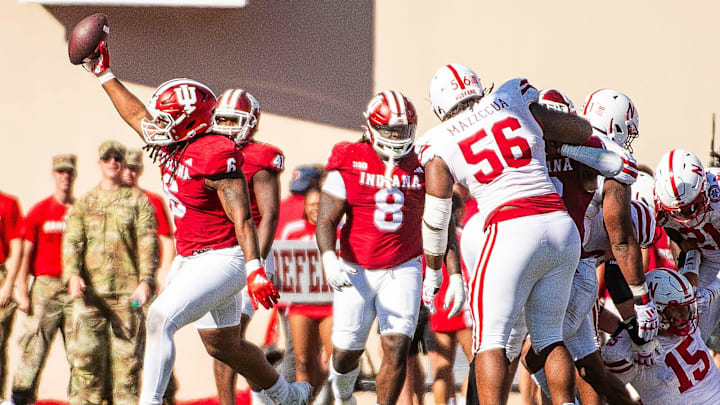 Indiana's Mikail Kamara (6) celebrates a turnover during the Indiana versus Nebraska football game at Memorial Stadium on Saturday, Oct. 19, 2024.