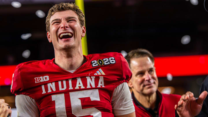 Indiana's Fernando Mendoza (15) smiles as he celebrates after the College Football Playoff National Championship college football game at Hard Rock Stadium in Miami Gardens on Monday, Jan. 19, 2026.