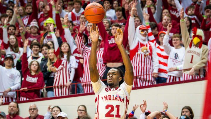 Indiana's Mackenzie Mgbako shoots a three-pointer 