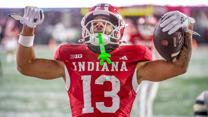 Indiana's Elijah Sarratt celebrates a touchdown against Purdue Saturday, Nov. 30, 2024, at Memorial Stadium in Bloomington.
