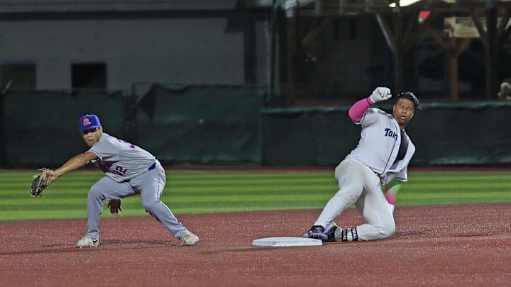 Daytona Tortugas' Alfredo Duno 16) slides into second during the game against the St. Lucie Mets at Jackie Robinson Ballpark in Daytona Beach, Wednesday, Sept.10, 2025.