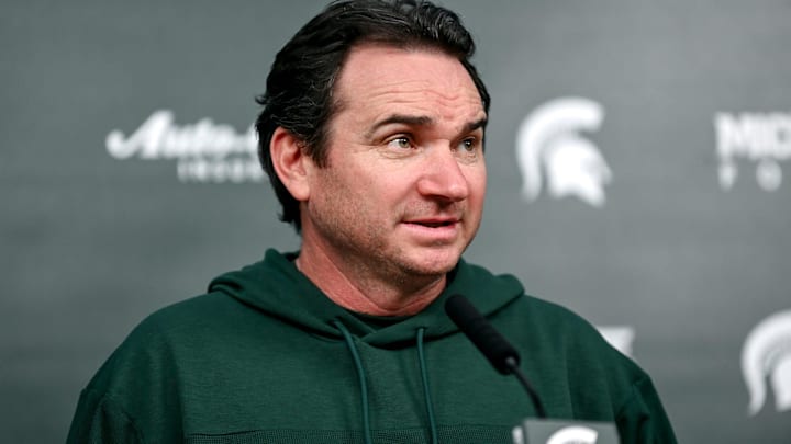 Michigan State coach Jonathan Smith talks the media on the first national signing day for college Michigan State coach Jonathan Smith talks the media on the first national signing day for college