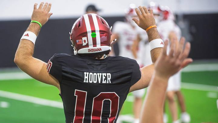 Indiana's Josh Hoover (10) during Indiana football spring practice on Thursday, April 16, 2026.