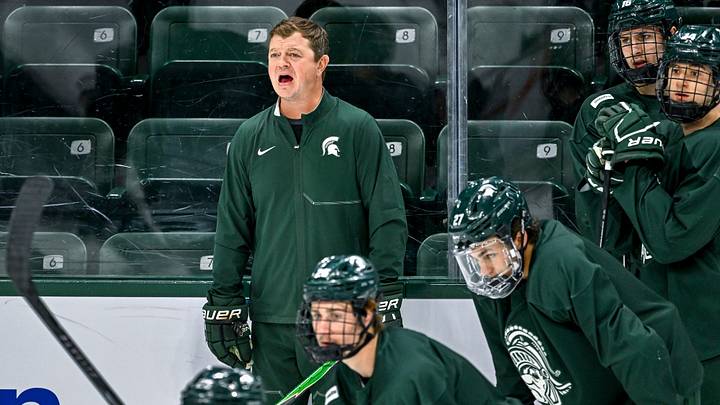 Michigan State’s head coach Adam Nightingale calls out to players during hockey practice on Wednesday, Oct. 7, 2026, at Munn Ice Arena in East Lansing.