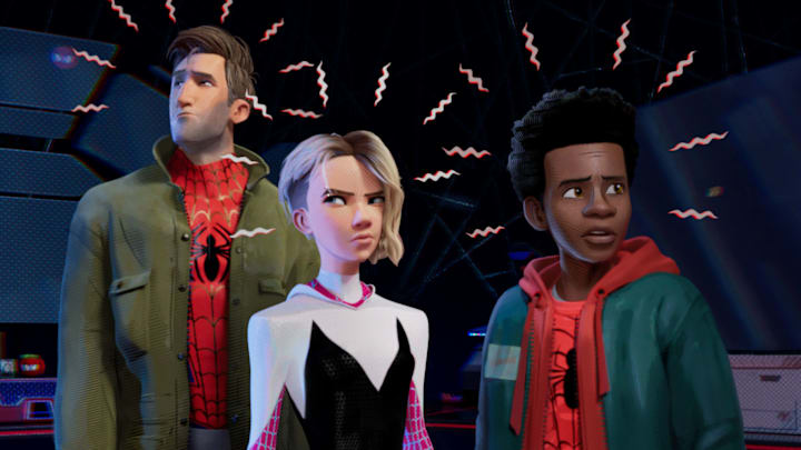 Peter Parker (Jake Johnson), Gwen Stacy (Hailee Steinfeld) and Miles Morales (Shameik Moore) in SPIDER-MAN: INTO THE SPIDER-VERSE.