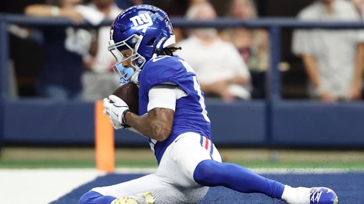 Sep 14, 2025; Arlington, Texas, USA; New York Giants wide receiver Wan'Dale Robinson (17) makes a catch for a touchdown against the New York Giants during the fourth quarter at AT&T Stadium. Mandatory Credit: Kevin Jairaj-Imagn Images Sep 14, 2025; Arlington, Texas, USA; New York Giants wide receiver Wan'Dale Robinson (17) makes a catch for a touchdown against the New York Giants during the fourth quarter at AT&T Stadium. Mandatory Credit: Kevin Jairaj-Imagn Images