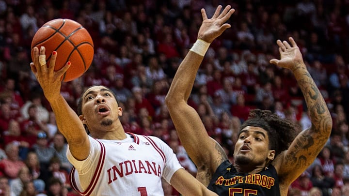 Indiana's Myles Rice (1) shoots in front of Winthrop's Bryce Baker (55) during the Indiana versus Winthrop men's basketball game at Simon Skjodt Assembly Hall on Sunday, Dec. 29, 2024.