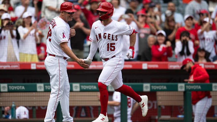 Oct 1, 2023; Anaheim, California, USA; Los Angeles Angels left fielder Randal Grichuk (15)