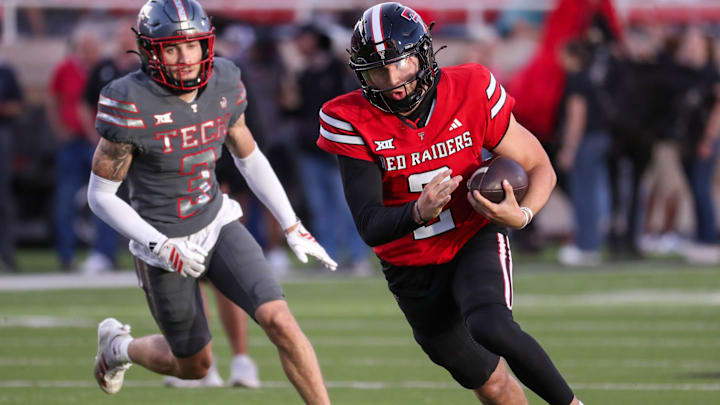 Brendan Sorsby runs with the ball during the Texas Tech football team's spring game, Friday, April 17, 2026, at Jones AT&T Stadium.