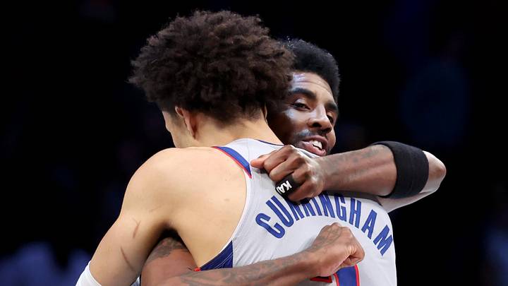Mar 29, 2022; Brooklyn, New York, USA; Brooklyn Nets guard Kyrie Irving (11) hugs Detroit Pistons guard Cade Cunningham (2) after their game at Barclays Center. The Nets defeated the Pistons 130-123. Mandatory Credit: Brad Penner-Imagn Images Mar 29, 2022; Brooklyn, New York, USA; Brooklyn Nets guard Kyrie Irving (11) hugs Detroit Pistons guard Cade Cunningham (2) after their game at Barclays Center. The Nets defeated the Pistons 130-123. Mandatory Credit: Brad Penner-Imagn Images