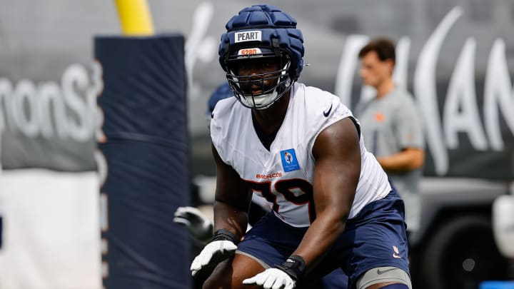 Jul 26, 2024; Englewood, CO, USA; Denver Broncos offensive tackle Matt Peart (79) during training camp at Broncos Park Powered by CommonSpirit. Jul 26, 2024; Englewood, CO, USA; Denver Broncos offensive tackle Matt Peart (79) during training camp at Broncos Park Powered by CommonSpirit.
