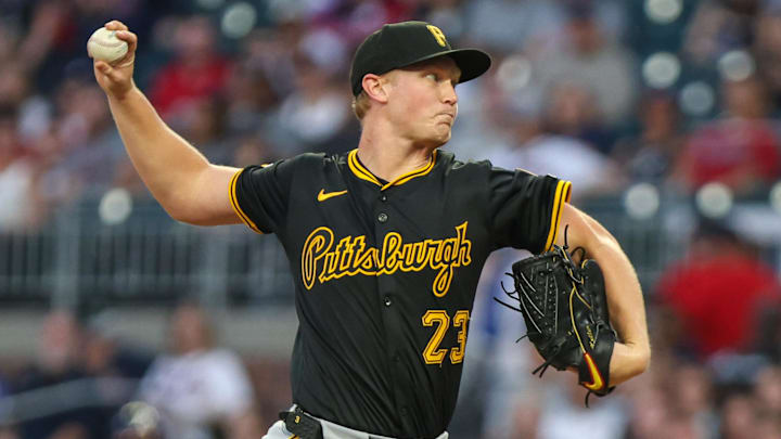 Sep 26, 2025; Cumberland, Georgia, USA; Pittsburgh Pirates pitcher Mitch Keller (23) pitches the ball against the Atlanta Braves during the first inning at Truist Park. Mandatory Credit: Jordan Godfree-Imagn Images