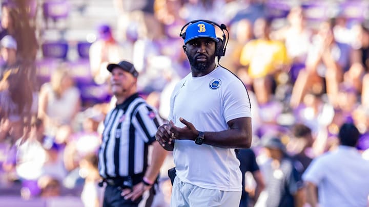 Sep 21, 2024; Baton Rouge, Louisiana, USA;  UCLA Bruins head coach DeShaun Foster looks on during the second half against the LSU Tigers at Tiger Stadium. Mandatory Credit: Stephen Lew-Imagn Images