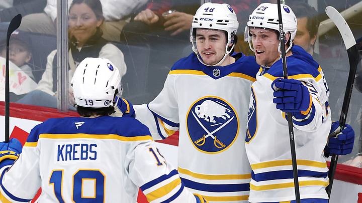 Buffalo Sabres forwards Peyton Krebs, Tyson Kozak and Beck Malenstyn