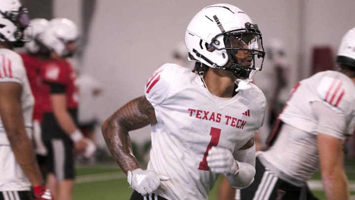 Texas Tech wide receiver Micah Hudson does a drill during football practice, Wednesday, Aug. 14, 2024, at the Sports Performance Center.