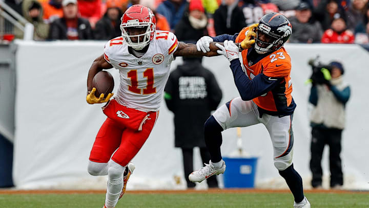 Kansas City Chiefs receiver Marquez Valdes-Scantling (11) runs after a catch against Denver Broncos cornerback Fabian Moreau (23) Kansas City Chiefs receiver Marquez Valdes-Scantling (11) runs after a catch against Denver Broncos cornerback Fabian Moreau (23)