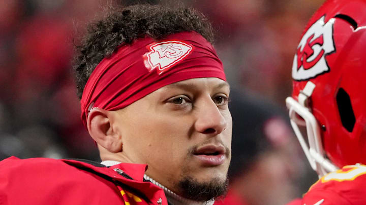 Dec 7, 2025; Kansas City, Missouri, USA; Kansas City Chiefs quarterback Patrick Mahomes (15) looks on during the third quarter against the Houston Texans at GEHA Field at Arrowhead Stadium. Mandatory Credit: Denny Medley-Imagn Images