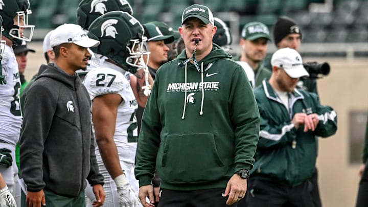 Michigan State's head coach Pat Fitzgerald looks on during the football Spring Showcase on Saturday, April 18, 2026, at Spartan Stadium in East Lansing.