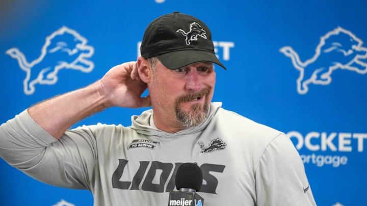 Detroit Lions head coach Dan Campbell speaks to members of the media at the Detroit Lions practice facility in Allen Park on Monday, Jan. 20, 2025, following his team’s NFC divisional playoff loss.