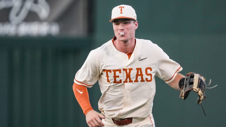 Texas outfielder Max Belyeu (44) smiles after catching a hit in the outfield as the Longhorns play Texas State at UFCU Disch–Falk Field on Wednesday, April 10, 2024.