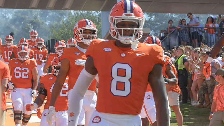 Sep 21, 2024; Clemson, South Carolina, USA; Clemson wide receiver Adam Randall (8) runs down the hill before a game against the North Carolina State Wolfpack at Memorial Stadium. Sep 21, 2024; Clemson, South Carolina, USA; Clemson wide receiver Adam Randall (8) runs down the hill before a game against the North Carolina State Wolfpack at Memorial Stadium.