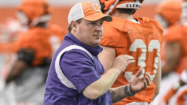 Clemson defensive coordinator Wes Goodwin during Spring football practice at the Poe Indoor Practice Facility at the Allen N. Reeves football complex in Clemson S.C. Monday, March 4, 2024.