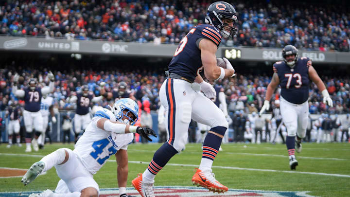 Chicago Bears tight end Cole Kmet  hauls in a touchdown pass at Soldier Field last season against Detroit.