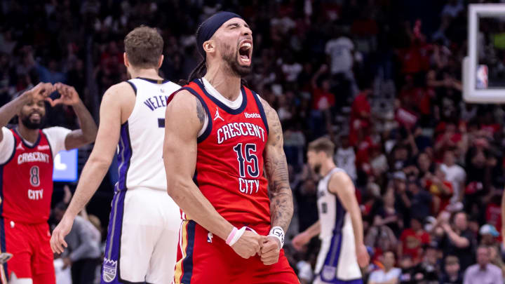 Apr 19, 2024; New Orleans, Louisiana, USA; New Orleans Pelicans guard Jose Alvarado (15) reacts to making a three point basket against the Sacramento Kings in the second half during a play-in game of the 2024 NBA playoffs at Smoothie King Center. Apr 19, 2024; New Orleans, Louisiana, USA; New Orleans Pelicans guard Jose Alvarado (15) reacts to making a three point basket against the Sacramento Kings in the second half during a play-in game of the 2024 NBA playoffs at Smoothie King Center.