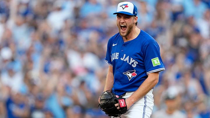 Oct 5, 2025: Toronto Blue Jays pitcher Trey Yesavage (39) reacts after a strikeout in the fourth inning against the New York Yankees during game two of the ALDS round for the 2025 MLB playoffs at Rogers Centre. Credit: Kevin Sousa-Imagn Images