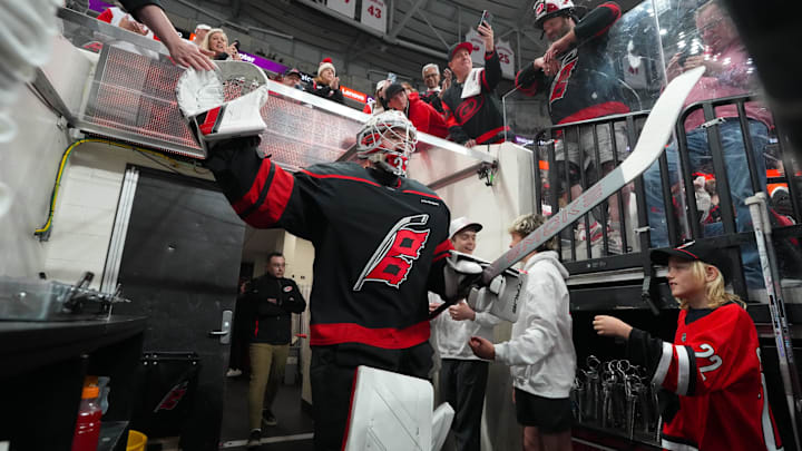 May 4, 2026; Raleigh, North Carolina, USA; Carolina Hurricanes goaltender Brandon Bussi (32) comes out of the locker room for the warmups before the game against the Philadelphia Flyers in game two of the second round of the 2026 Stanley Cup Playoffs at Lenovo Center. Mandatory Credit: James Guillory-Imagn Images May 4, 2026; Raleigh, North Carolina, USA; Carolina Hurricanes goaltender Brandon Bussi (32) comes out of the locker room for the warmups before the game against the Philadelphia Flyers in game two of the second round of the 2026 Stanley Cup Playoffs at Lenovo Center. Mandatory Credit: James Guillory-Imagn Images