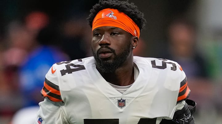 Aug 29, 2021; Atlanta, Georgia, USA; Cleveland Browns linebacker Willie Harvey Jr. (54) on the field at Mercedes-Benz Stadium. Mandatory Credit: Dale Zanine-USA TODAY Sports