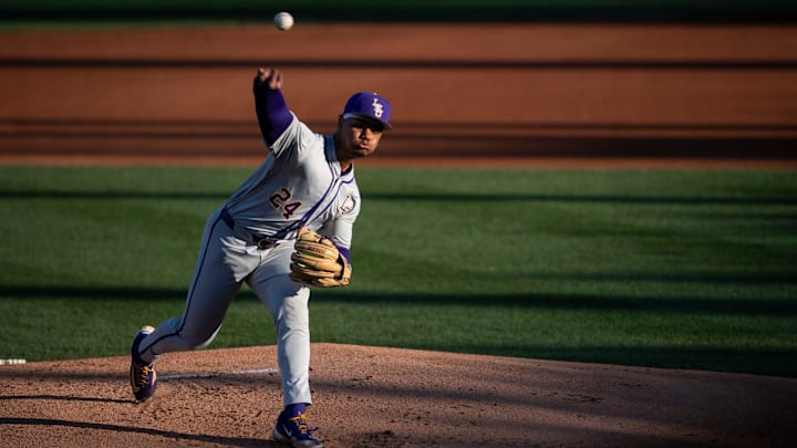 LSU Tigers' Anthony Eyanson (24) pitches the ball as Auburn Tigers take on LSU Tigers at Plainsman Park in Auburn, Ala., on Saturday, April 12, 2025.