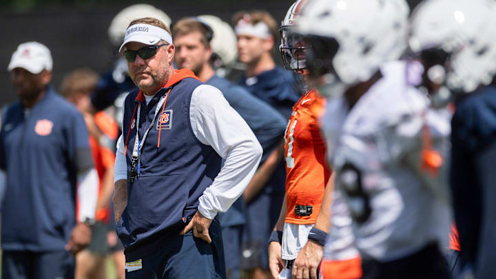 Auburn Tigers head coach Hugh Freeze watches on during practice at Woltosz Football Performance Center in Auburn, Ala. on Thursday, Aug. 14, 2025.